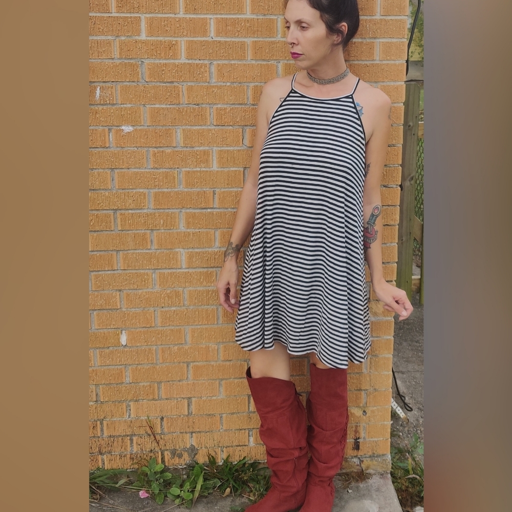 Striped A shape dress with halter straps